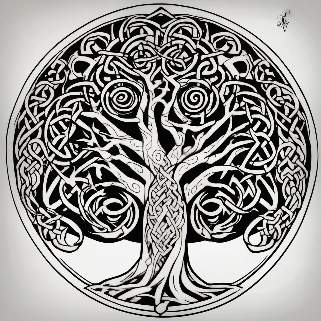Irish shoulder tattoo, that is non-religious and has a Celtic tree glitter tattoo(AIが生成した和彫りスタイルのタトゥーデザイン)